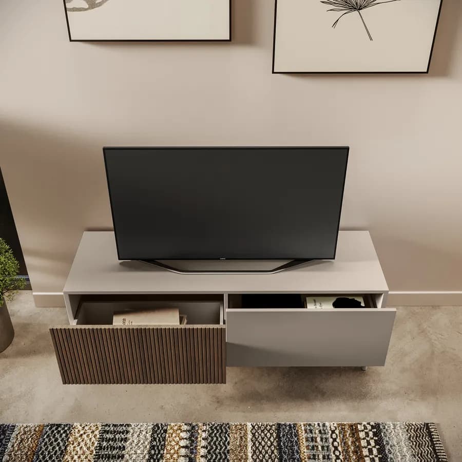 Mobile porta tv 140x44h cm tortora e rovere millennium cannettato con 2 cassetti e gambe tortora - Zelma