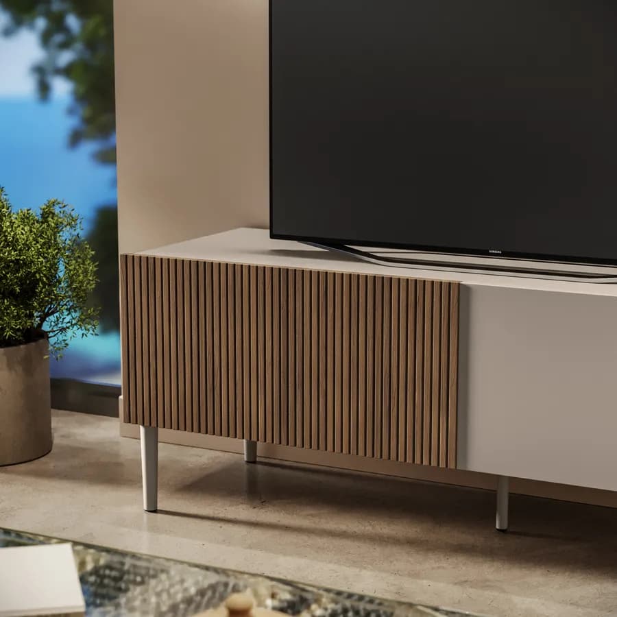 Mobile porta tv 140x44h cm tortora e rovere millennium cannettato con 2 cassetti e gambe tortora - Zelma