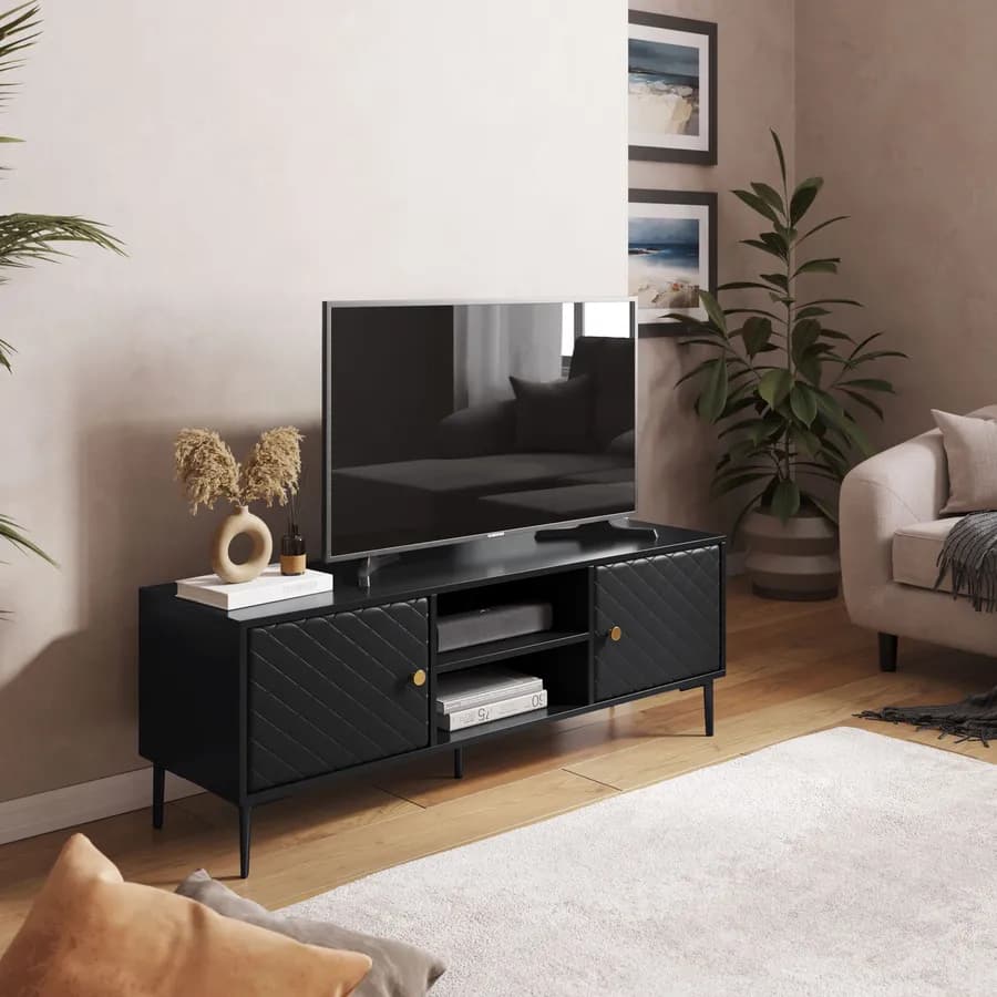 Mobile porta tv 140x50h cm nero opaco e similpelle con 2 ante - Zimma