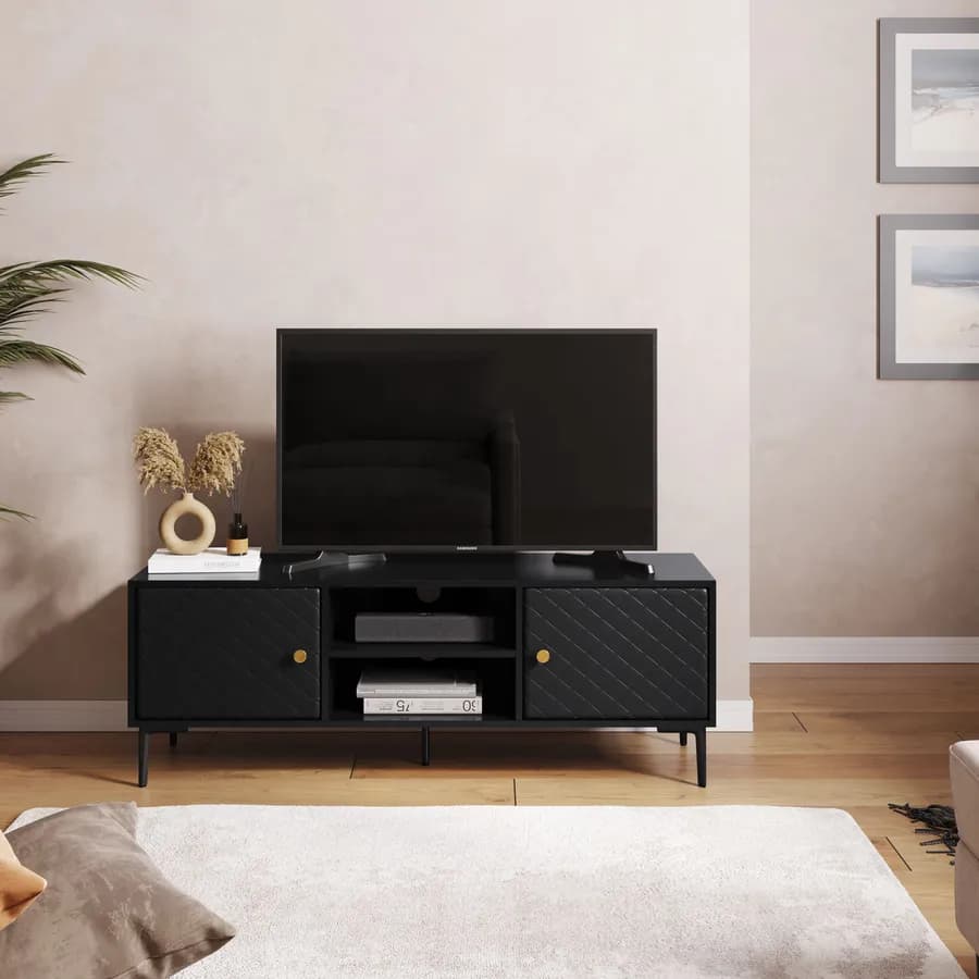 Mobile porta tv 140x50h cm nero opaco e similpelle con 2 ante - Zimma