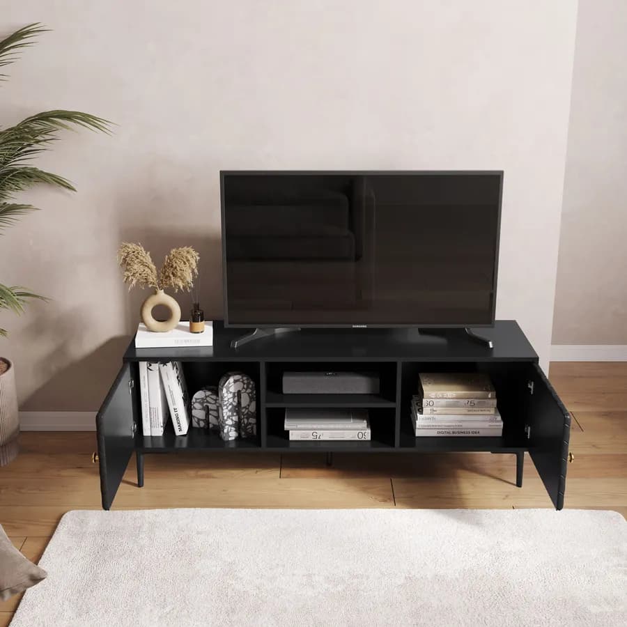 Mobile porta tv 140x50h cm nero opaco e similpelle con 2 ante - Zimma