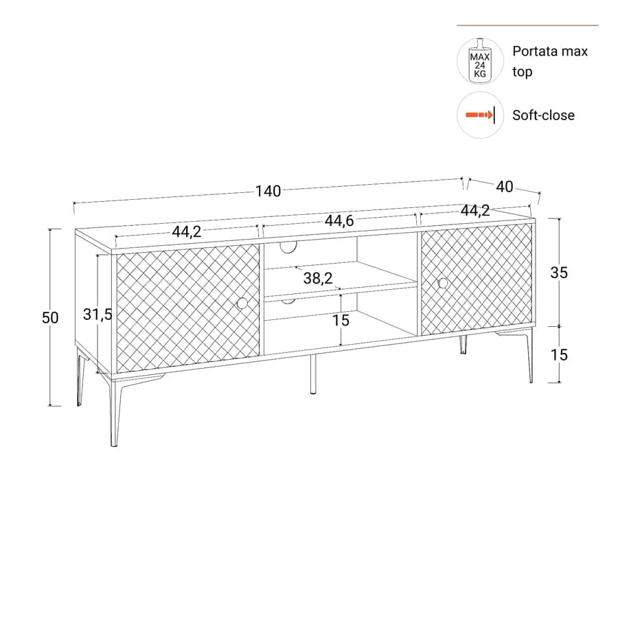 Mobile porta tv 140x50h cm nero opaco e similpelle con 2 ante - Zimma