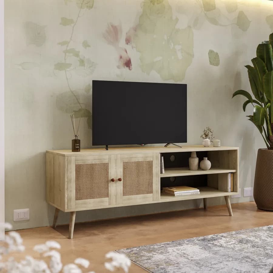 Mobile porta tv 140x54h cm in legno naturale con 2 ante in rattan e vani a giorno - Boheme