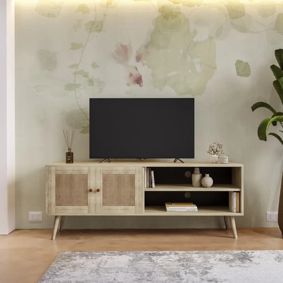 Mobile porta tv 140x54h cm in legno naturale con 2 ante in rattan e vani a giorno - Boheme