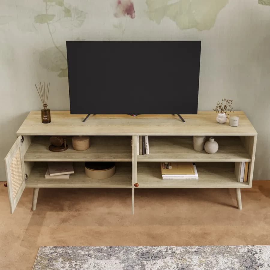 Mobile porta tv 140x54h cm in legno naturale con 2 ante in rattan e vani a giorno - Boheme