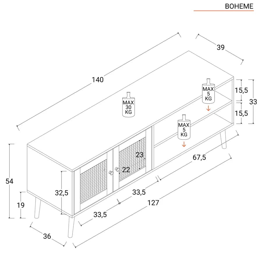 Mobile porta tv 140x54h cm in legno naturale con 2 ante in rattan e vani a giorno - Boheme