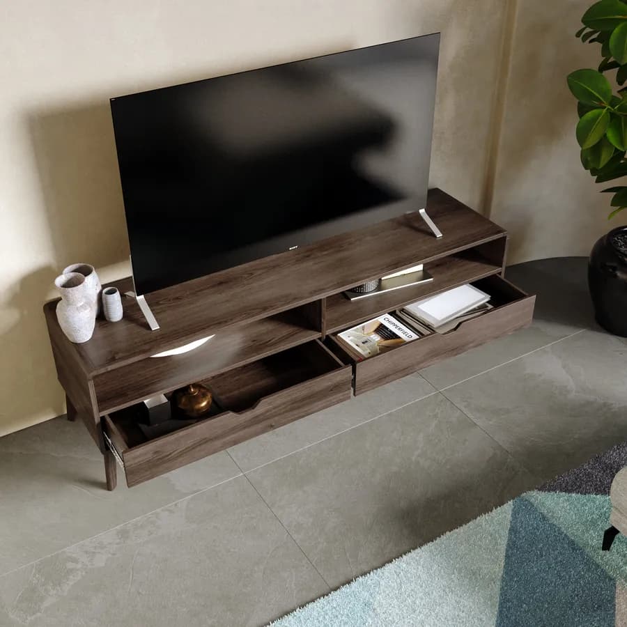 Mobile porta tv 150x45h cm in legno rovere kover con 2 vani a giorno e 2 cassetti - Ember