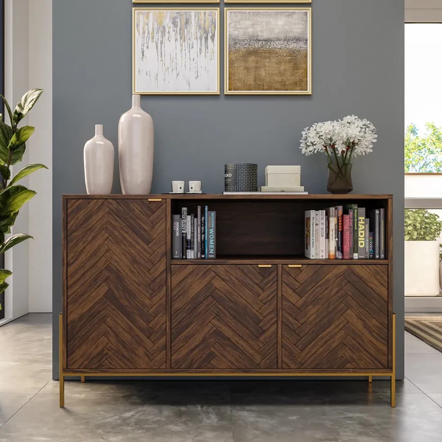 Madia 120x76h cm in legno noce effetto parquet con 3 ante e struttura in metallo oro bronzato - Mufasa