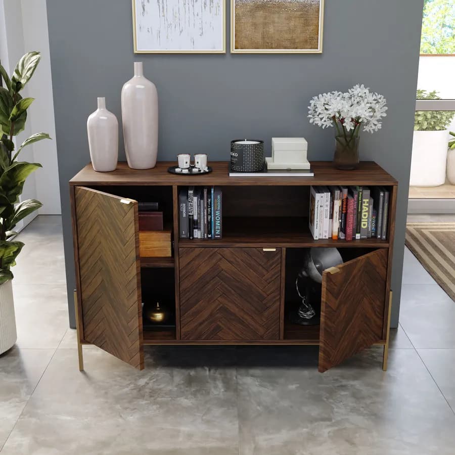 Madia 120x76h cm in legno noce effetto parquet con 3 ante e struttura in metallo oro bronzato - Mufasa