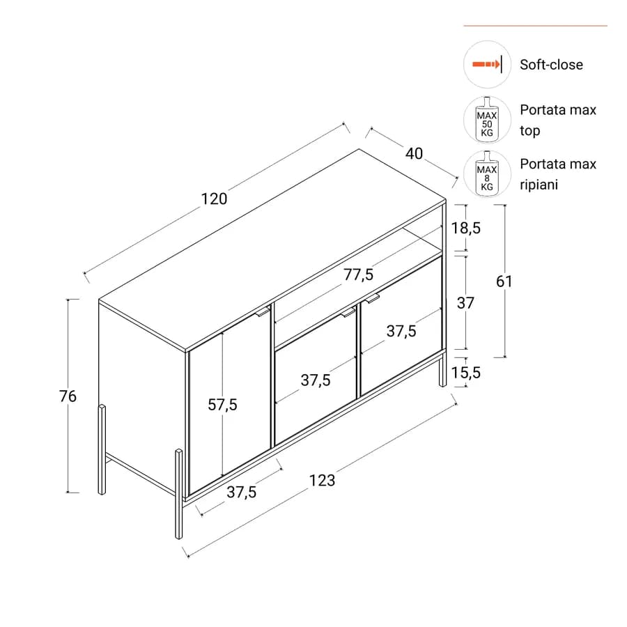 Madia 120x76h cm in legno noce effetto parquet con 3 ante e struttura in metallo oro bronzato - Mufasa