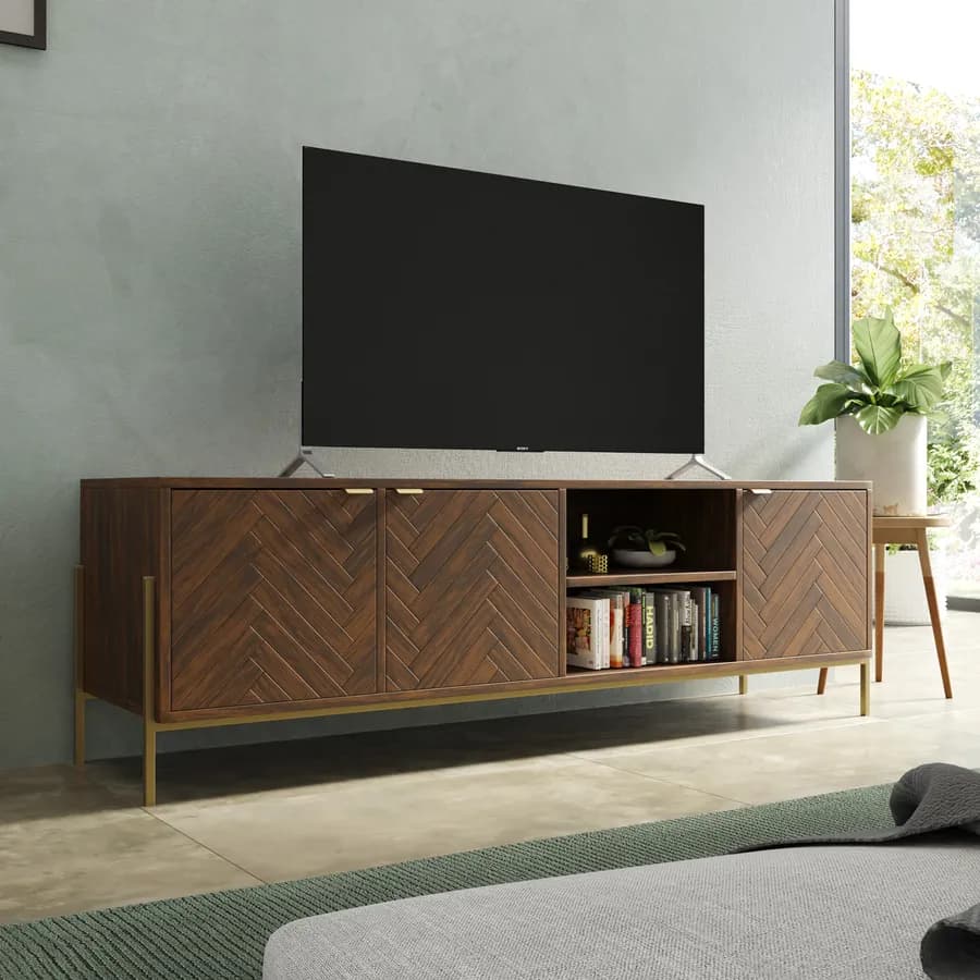 Mobile porta tv 150x48h cm noce effetto parquet con 3 ante e struttura in metallo oro bronzato - Mufasa