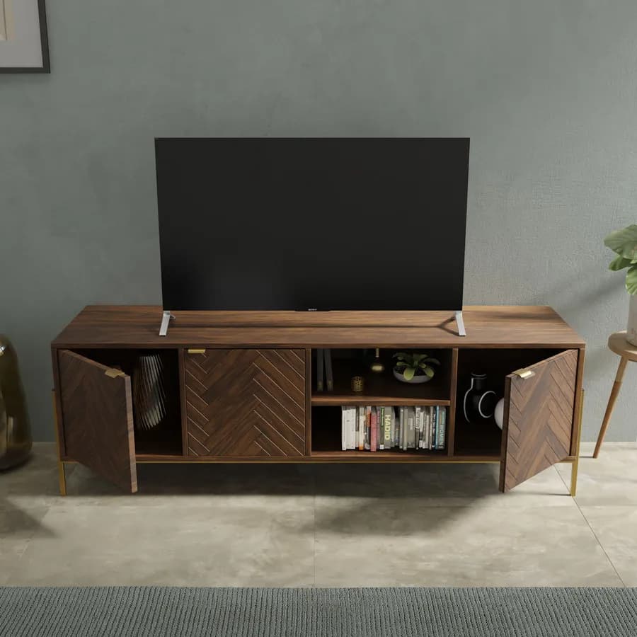 Mobile porta tv 150x48h cm noce effetto parquet con 3 ante e struttura in metallo oro bronzato - Mufasa