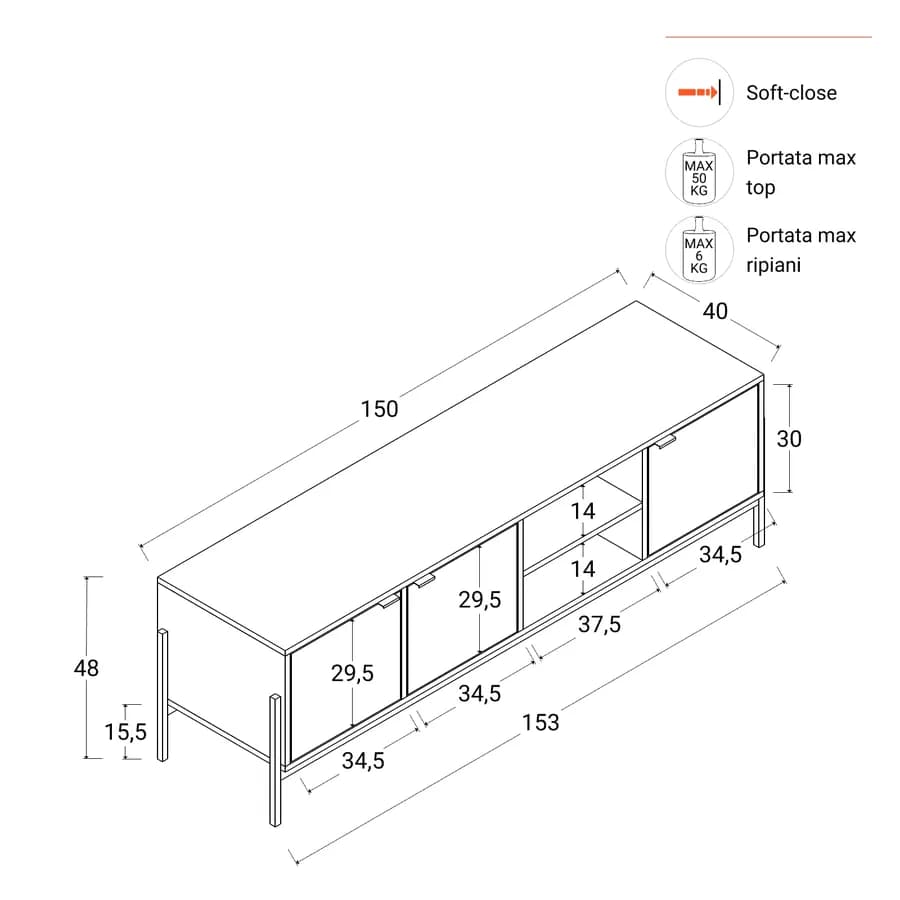 Mobile porta tv 150x48h cm noce effetto parquet con 3 ante e struttura in metallo oro bronzato - Mufasa
