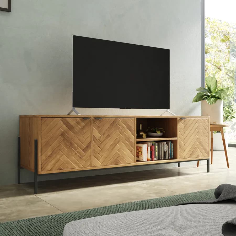 Mobile porta tv 150x48h cm in legno rovere chiaro effetto parquet con 3 ante e struttura in metallo nero opaco - Mufasa