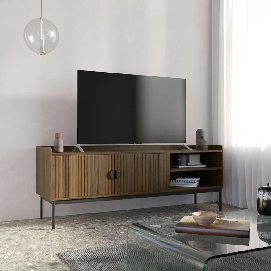 Mobile porta tv 150x56h cm con 2 ante soft close noce cannettato e gambe in metallo nero - Ozma
