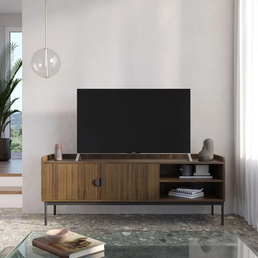 Mobile porta tv 150x56h cm con 2 ante soft close noce cannettato e gambe in metallo nero - Ozma