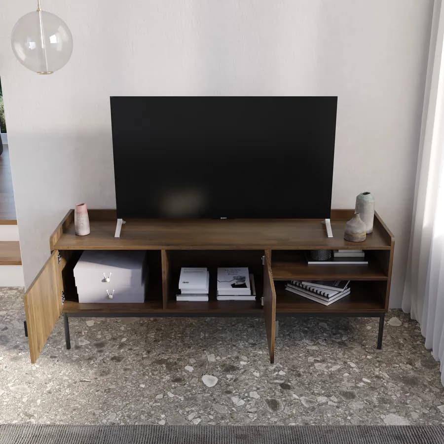 Mobile porta tv 150x56h cm con 2 ante soft close noce cannettato e gambe in metallo nero - Ozma