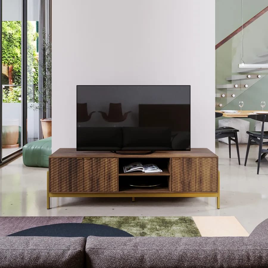 Mobile porta tv 153x48h cm noce con piedi in metallo oro bronzato e 3 ante soft close - Kyra