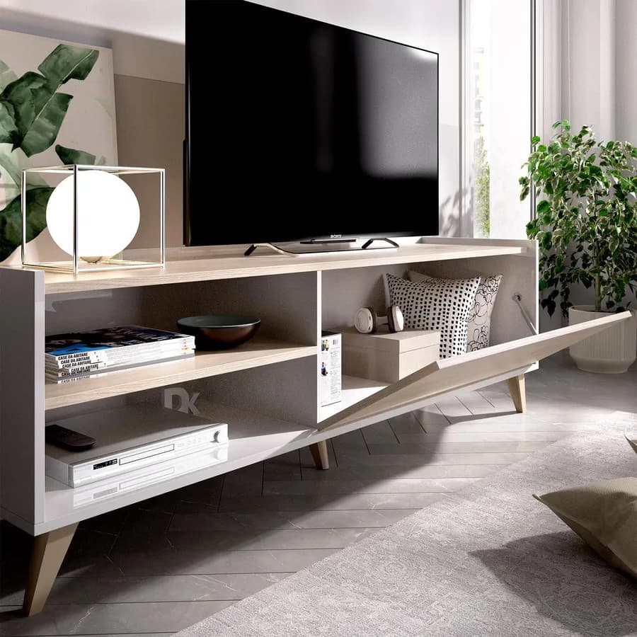 Mobile porta tv 155 cm in legno naturale e bianco - Eike