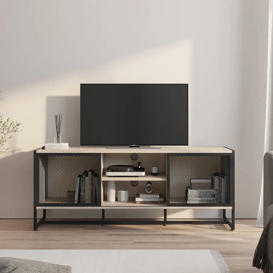 Mobile porta tv 155x36 cm in acciaio nero e rovere con ante scorrevoli - Sheryl