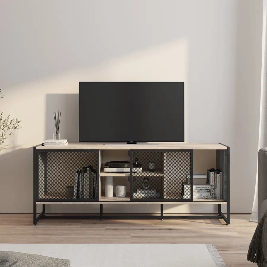 Mobile porta tv 155x36 cm in acciaio nero e rovere con ante scorrevoli - Sheryl