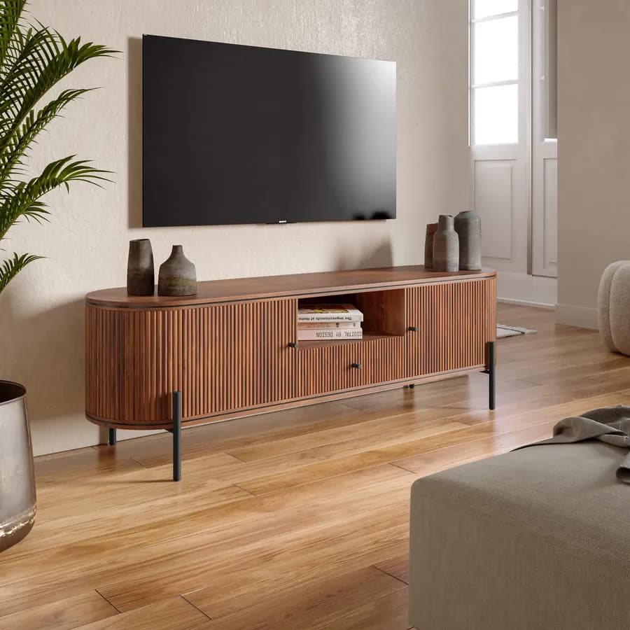 Mobile porta tv 160x50h cm in legno di mango scuro cannettato con 2 ante e 1 cassetto - Breton