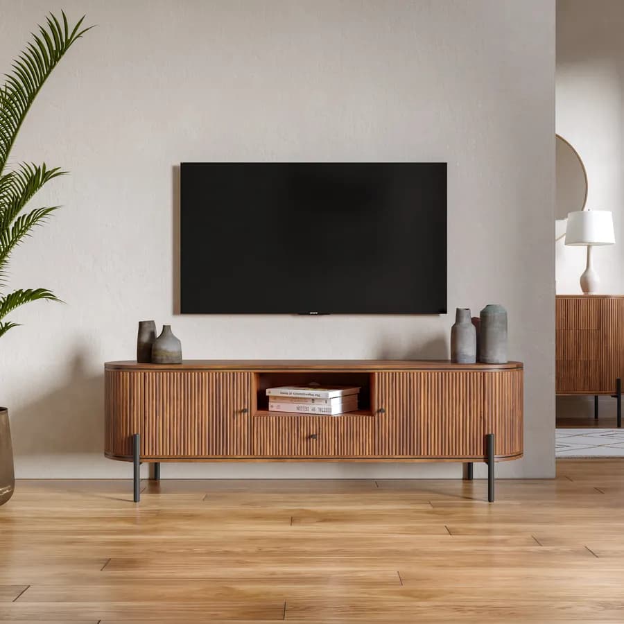 Mobile porta tv 160x50h cm in legno di mango scuro cannettato con 2 ante e 1 cassetto - Breton