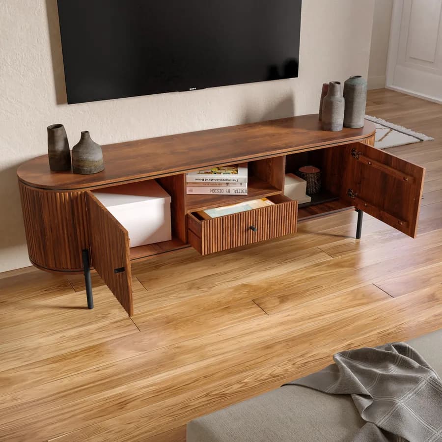 Mobile porta tv 160x50h cm in legno di mango scuro cannettato con 2 ante e 1 cassetto - Breton