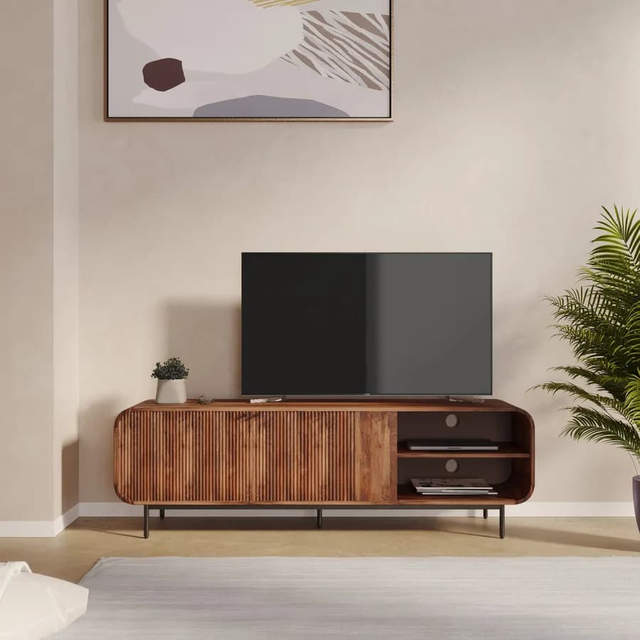 Mobile porta tv 160x50h cm in legno di mango scuro cannettato con 2 ante - Kanpur