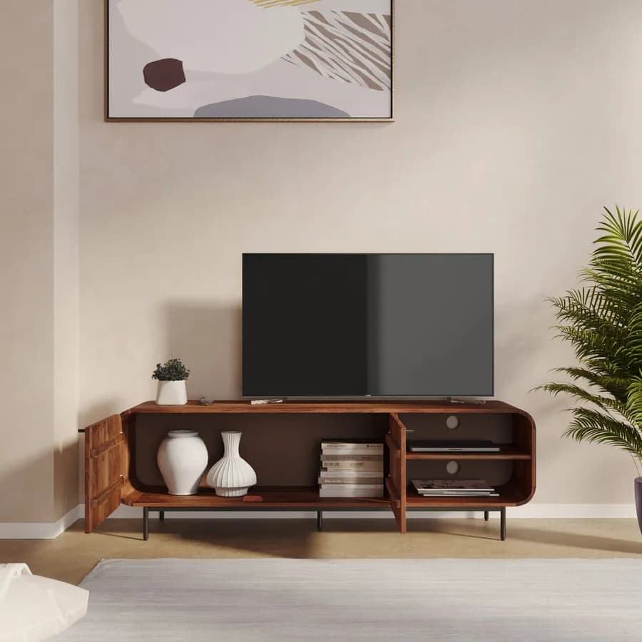 Mobile porta tv 160x50h cm in legno di mango scuro cannettato con 2 ante - Kanpur