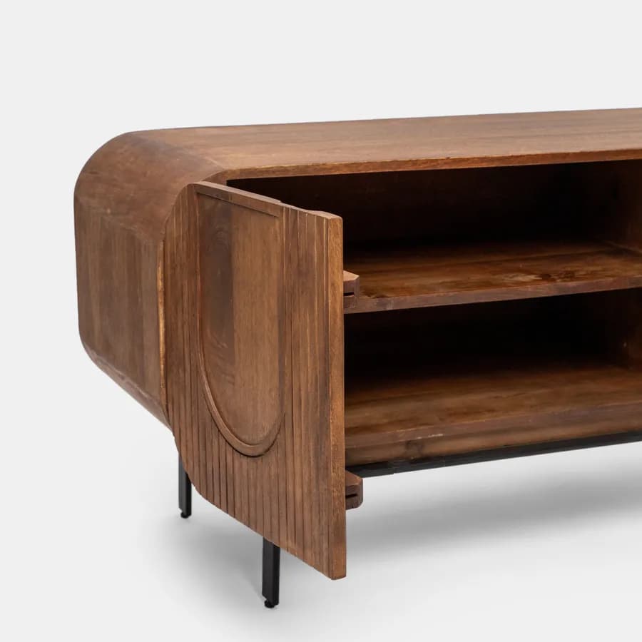 Mobile porta tv 160x55h cm in legno di mango cannettato miele con 3 ante e 2 cassetti - Mahika Round
