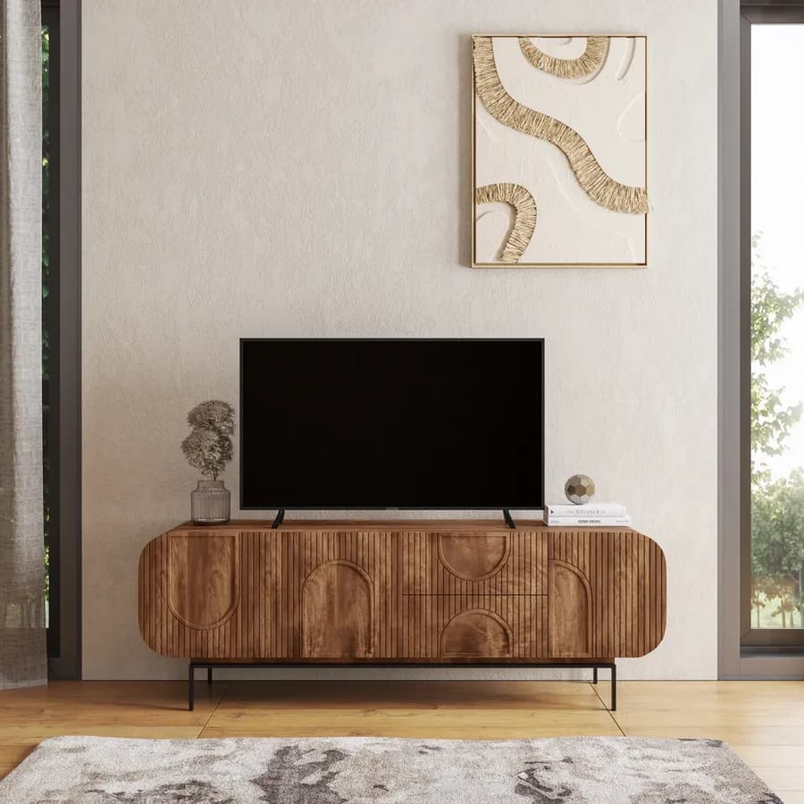 Mobile porta tv 160x55h cm in legno di mango cannettato miele con 3 ante e 2 cassetti - Mahika Round