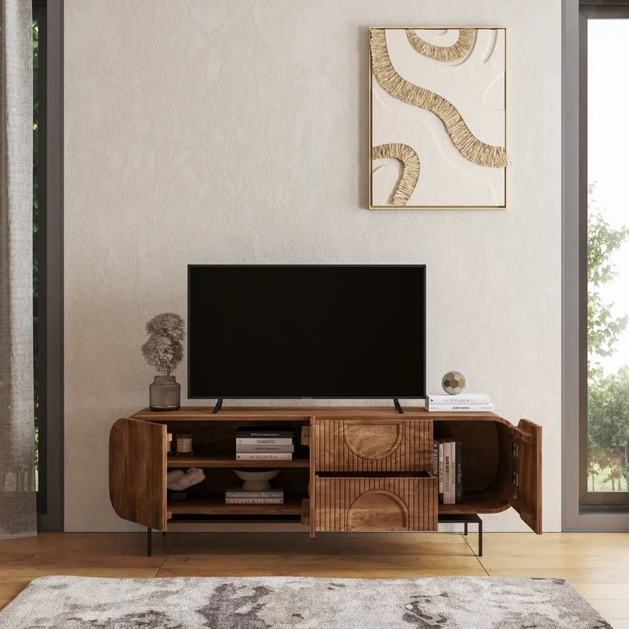 Mobile porta tv 160x55h cm in legno di mango cannettato miele con 3 ante e 2 cassetti - Mahika Round