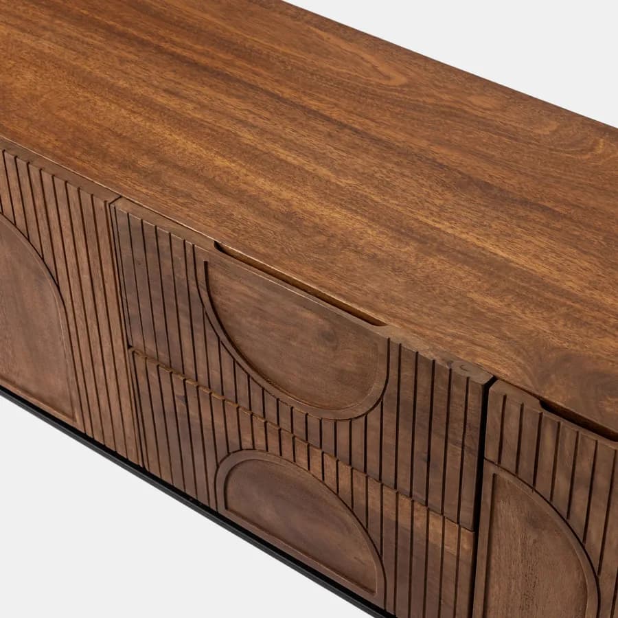 Mobile porta tv 160x55h cm in legno di mango cannettato miele con 3 ante e 2 cassetti - Mahika Round