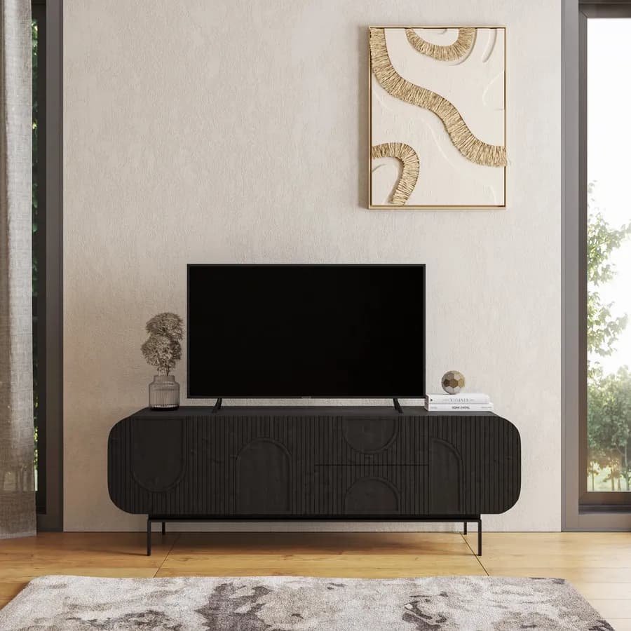 Mobile porta tv 160x55h cm in legno di mango cannettato nero con 3 ante e 2 cassetti - Mahika Round