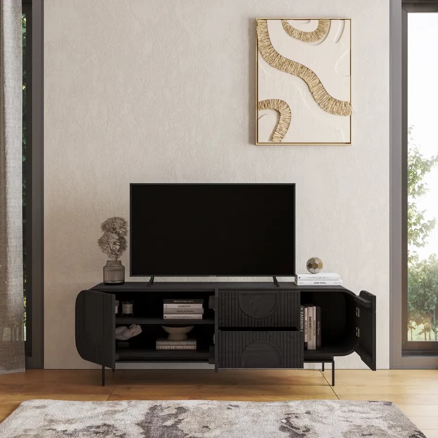 Mobile porta tv 160x55h cm in legno di mango cannettato nero con 3 ante e 2 cassetti - Mahika Round
