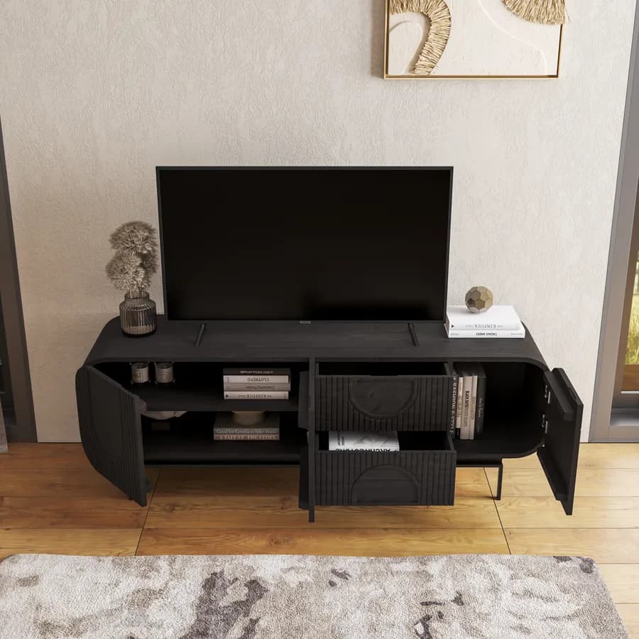 Mobile porta tv 160x55h cm in legno di mango cannettato nero con 3 ante e 2 cassetti - Mahika Round