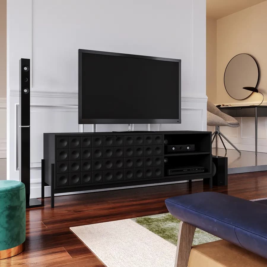 Mobile porta tv 163x58h cm nero con piedi in metallo e 2 ante soft close - Miara