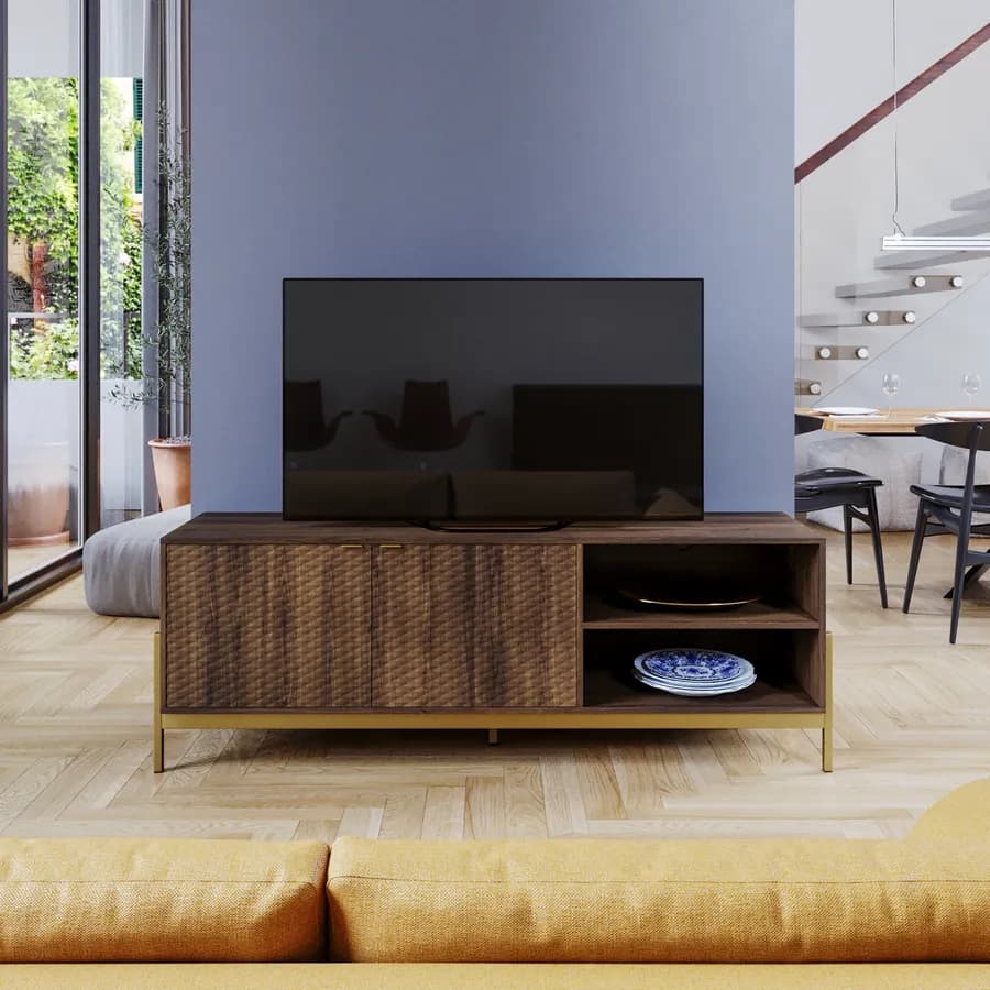 Mobile porta tv 163x58h cm noce con piedi in metallo oro bronzato e 2 ante soft close - Kyra