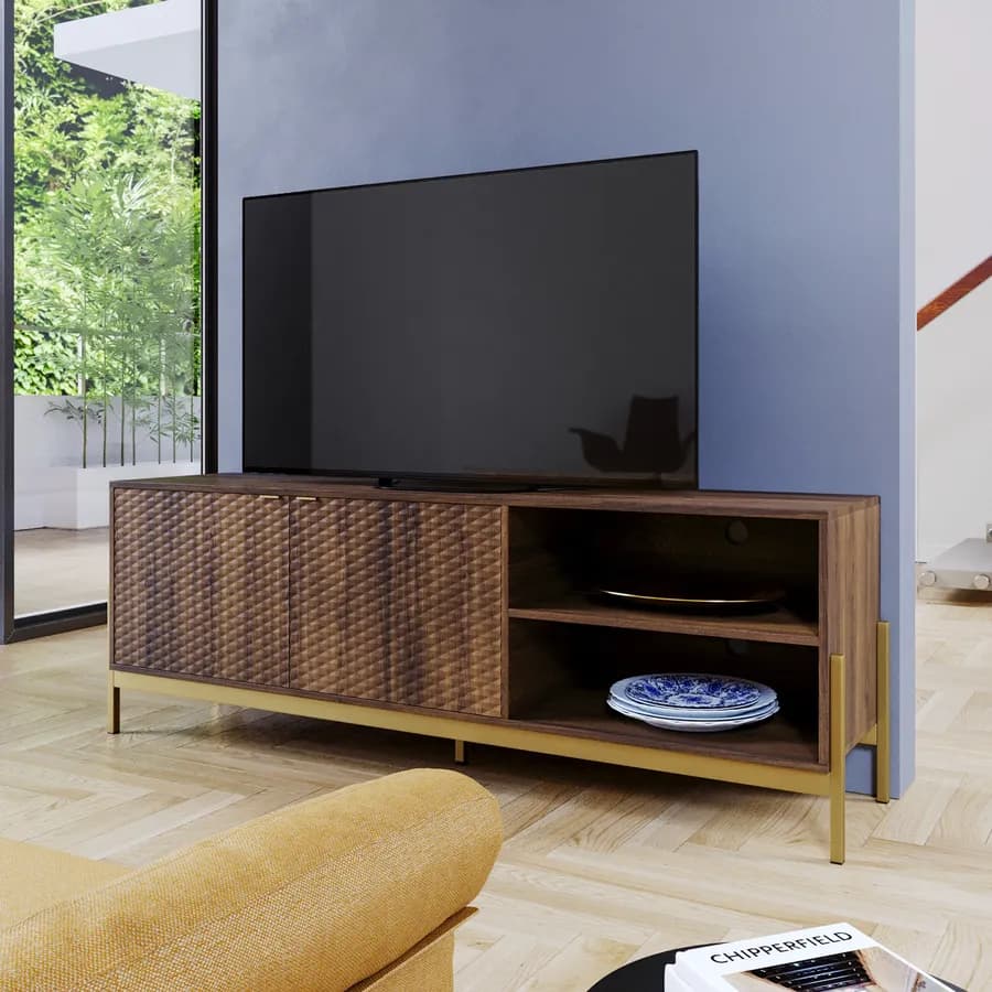 Mobile porta tv 163x58h cm noce con piedi in metallo oro bronzato e 2 ante soft close - Kyra