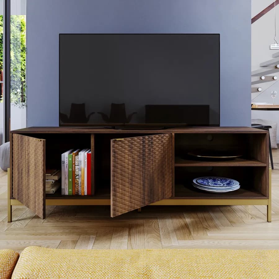 Mobile porta tv 163x58h cm noce con piedi in metallo oro bronzato e 2 ante soft close - Kyra