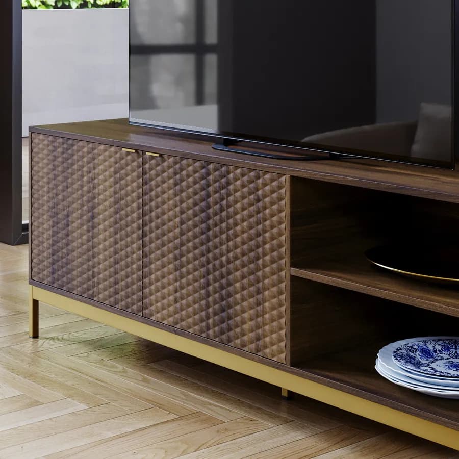 Mobile porta tv 163x58h cm noce con piedi in metallo oro bronzato e 2 ante soft close - Kyra