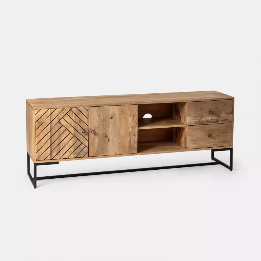 Mobile porta tv 175x40 cm in legno di mango e metallo con 2 ante e 2 cassetti - Freia Mango