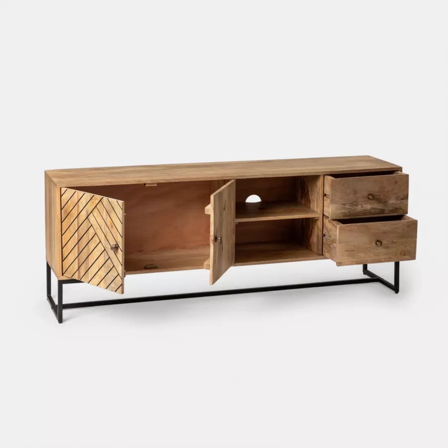 Mobile porta tv 175x40 cm in legno di mango e metallo con 2 ante e 2 cassetti - Freia Mango