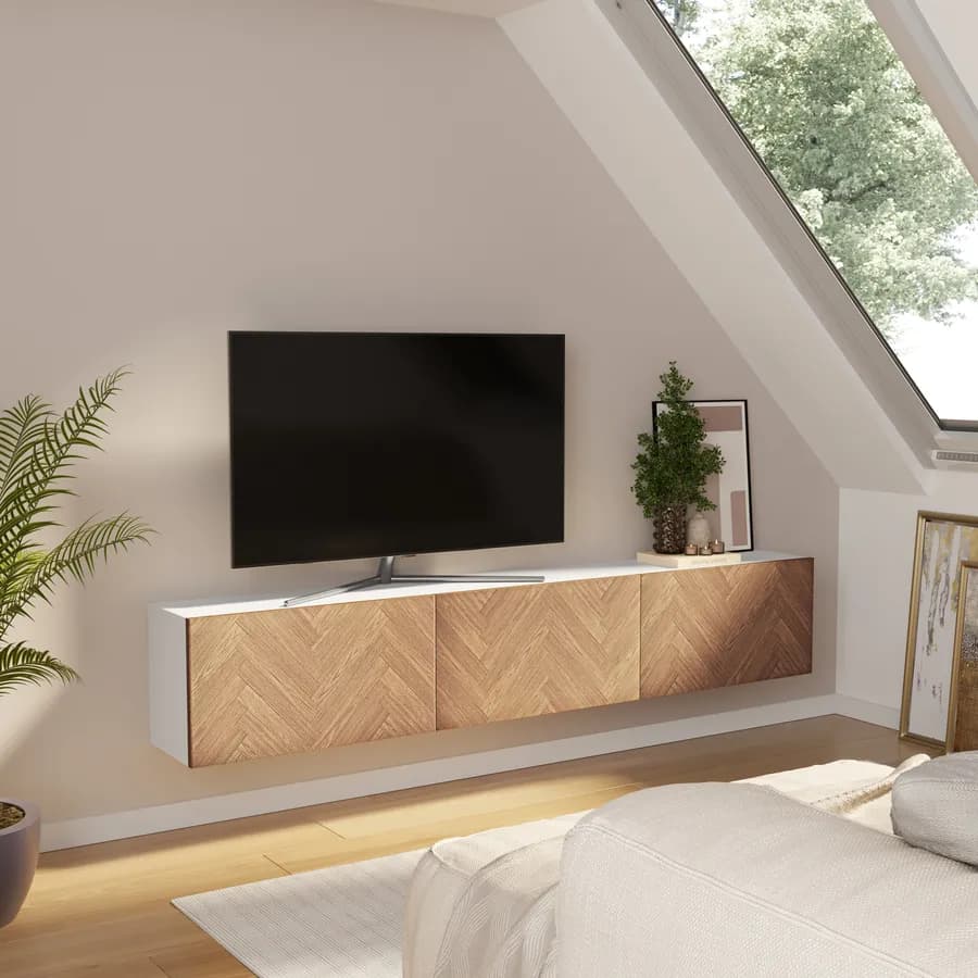 Mobile porta tv 180 cm bianco e rovere effetto parquet con 3 ante - Betka