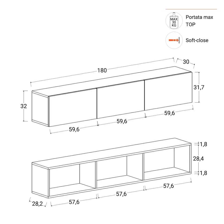 Mobile porta tv 180 cm bianco e noce effetto parquet con 3 ante - Betka