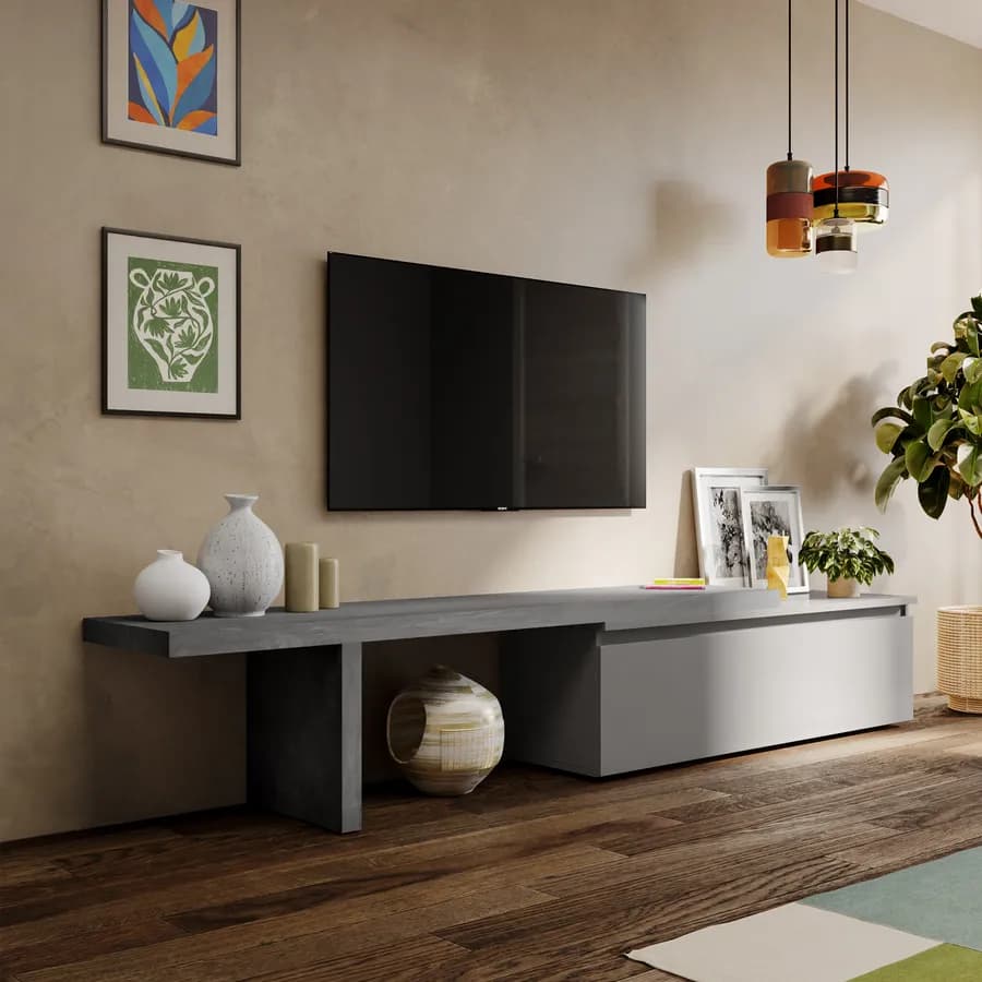 Mobile porta tv 184-270x44h cm piombo con cassettone ardesia - Clary