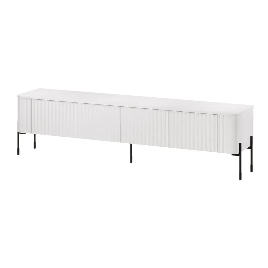 Mobile porta tv 190x50h cm bianco cannettato 4 ante e gambe in metallo nero con angoli stondati - Niclas