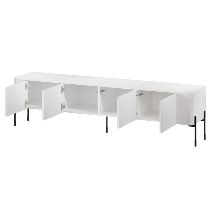 Mobile porta tv 190x50h cm bianco cannettato 4 ante e gambe in metallo nero con angoli stondati - Niclas