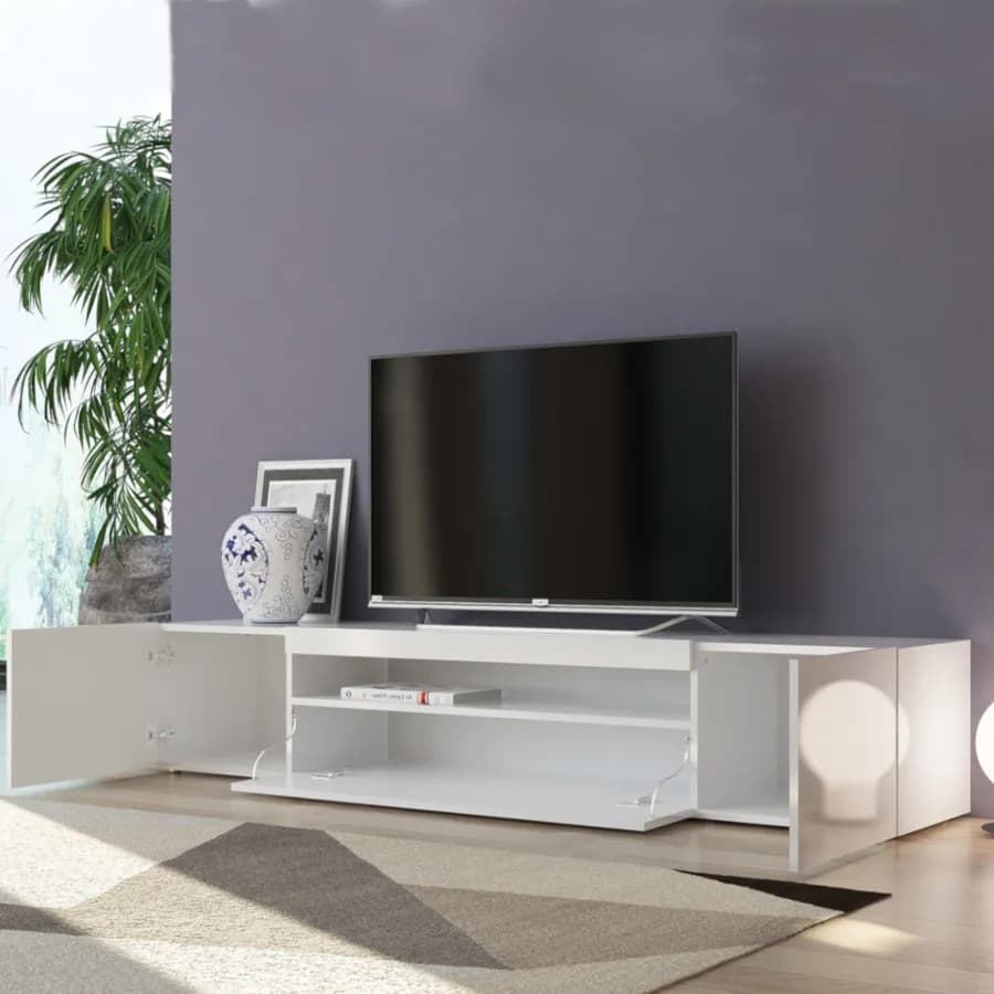 Mobile porta tv 200 cm con ante e vano a giorno in legno bianco lucido - Rodri